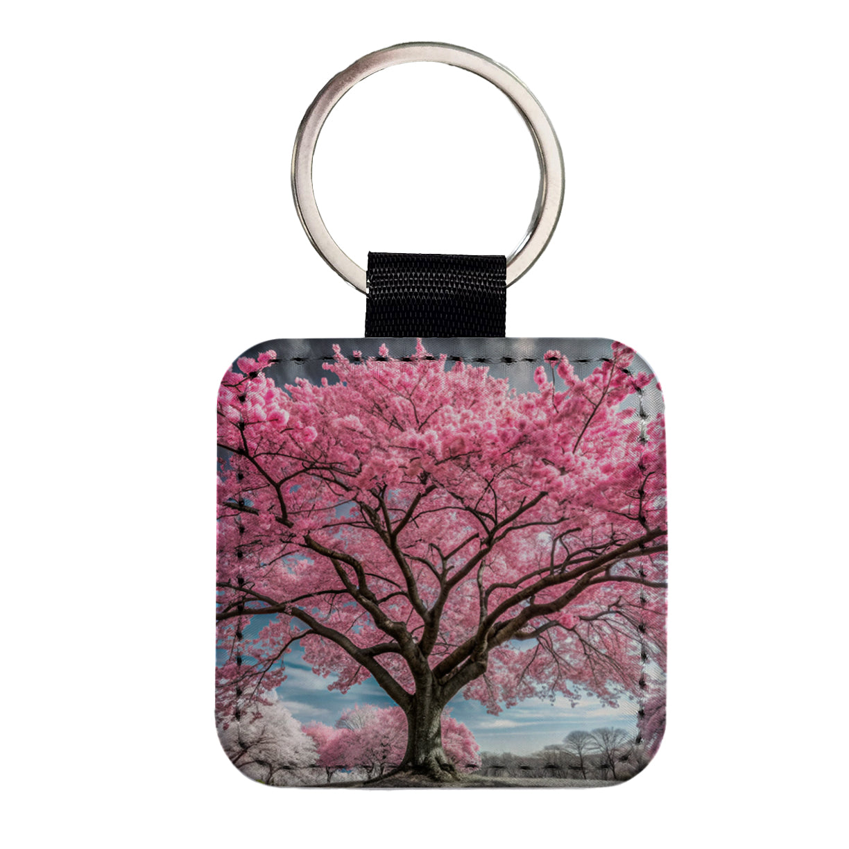 Japanese Sakura Cherry Blossom Tree Square Faux Leather Keychain