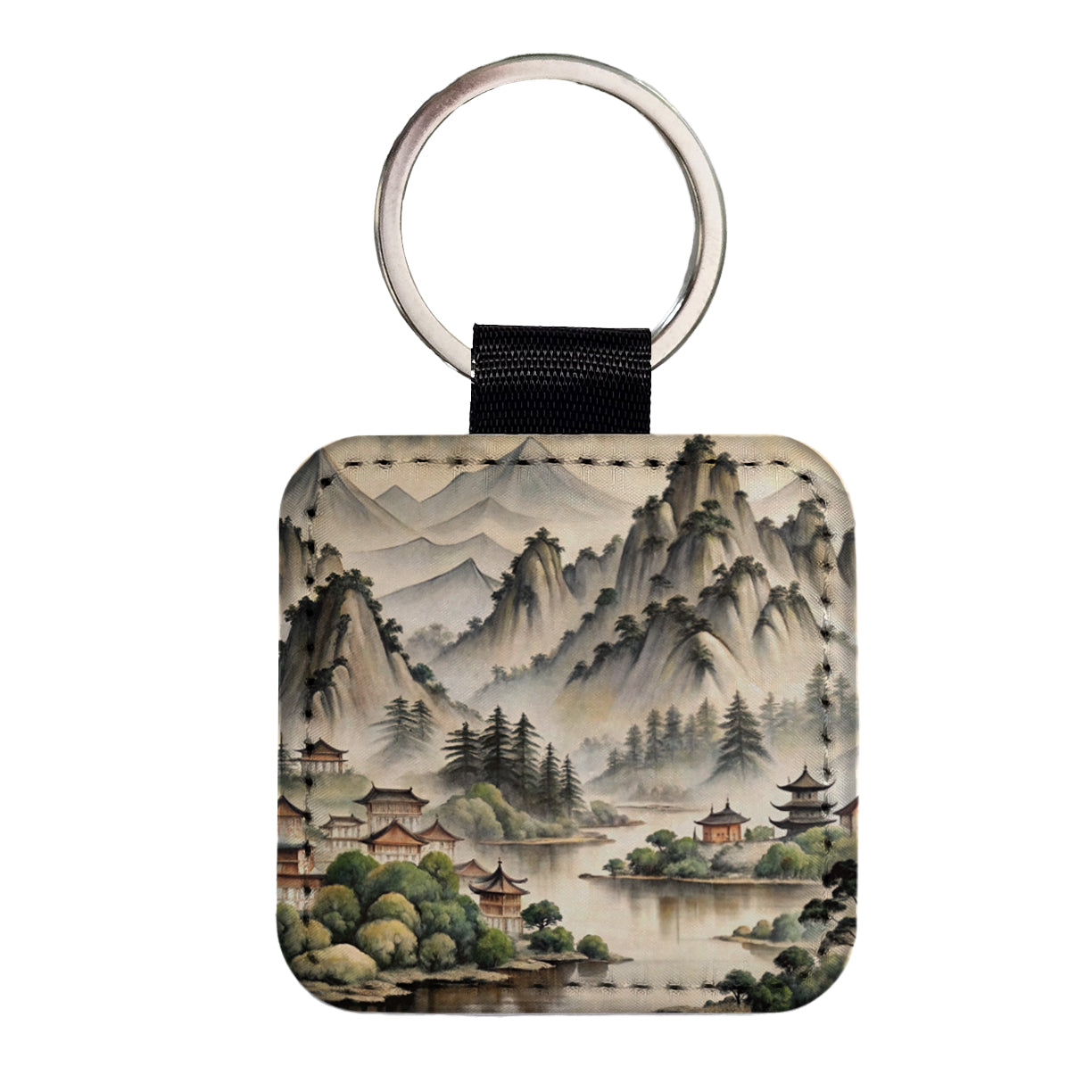 Japanese Style Ink Painting Lake and Mountains Landscape Square Faux Leather Keychain