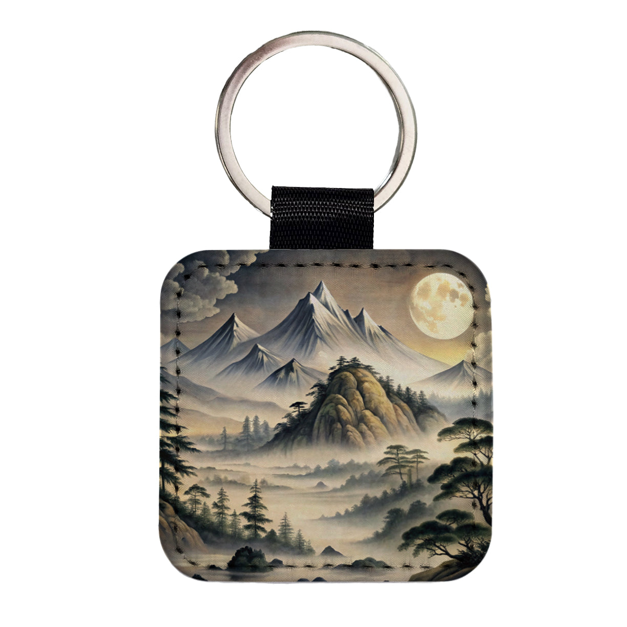 Japanese Style Ink Painting Landscape Misty Mountains Large Moon Square Faux Leather Keychain