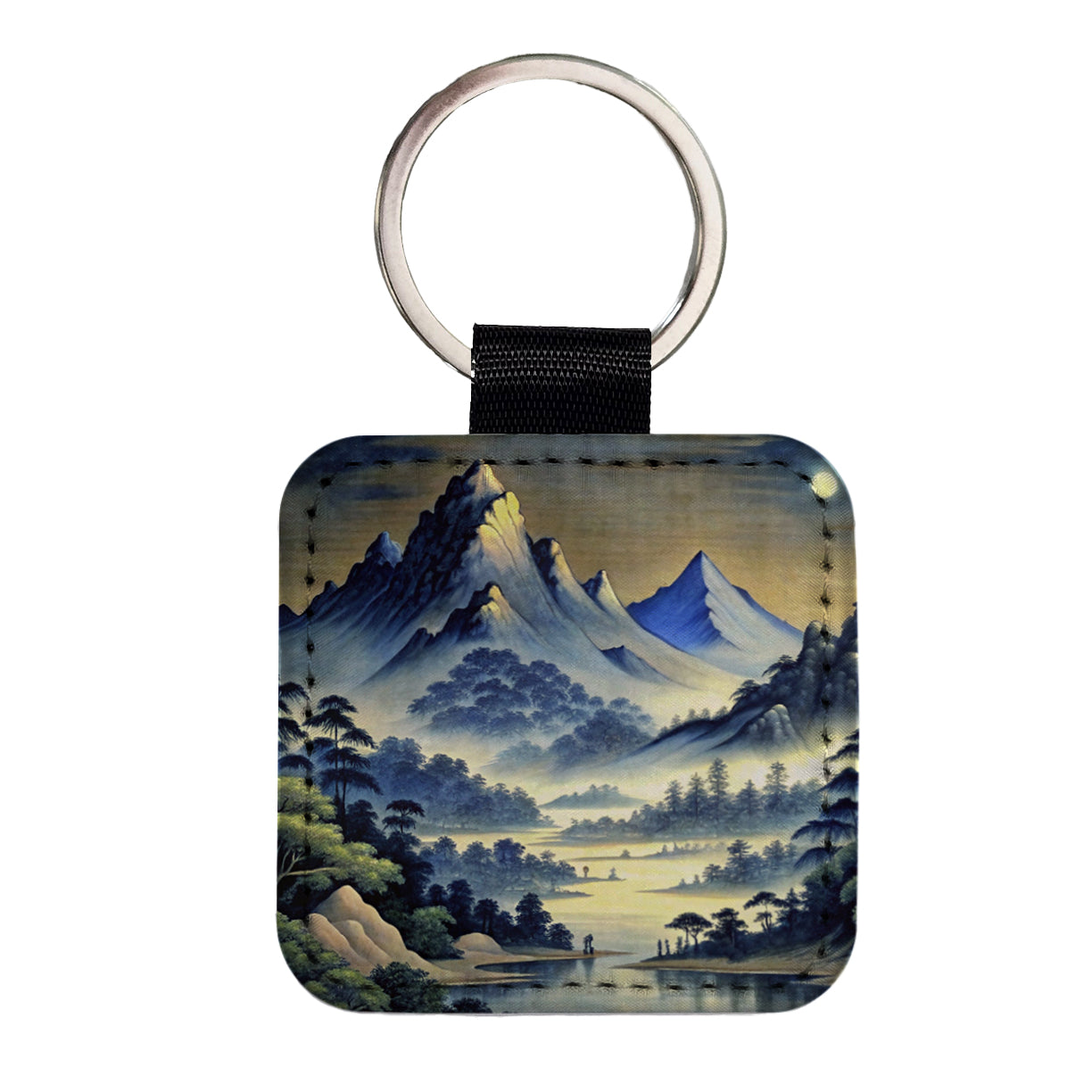 Japanese Style Ink Painting Landscape Mountains At Night Square Faux Leather Keychain