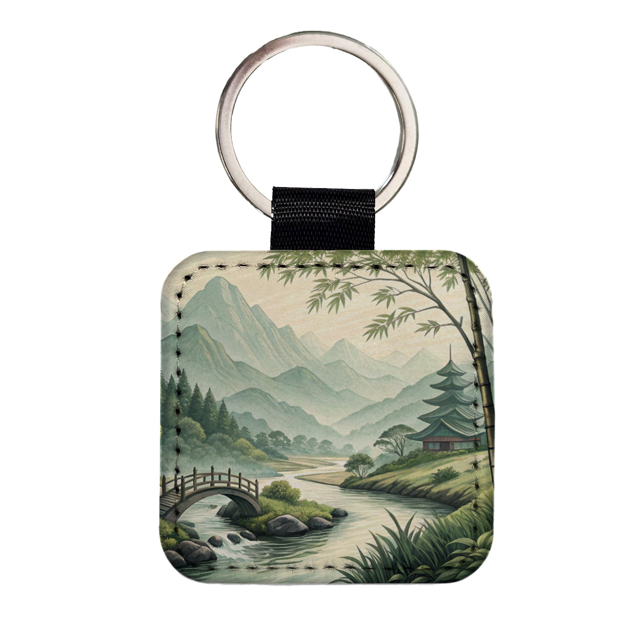 Japanese Style Ink Painting Landscape Square Faux Leather Keychain