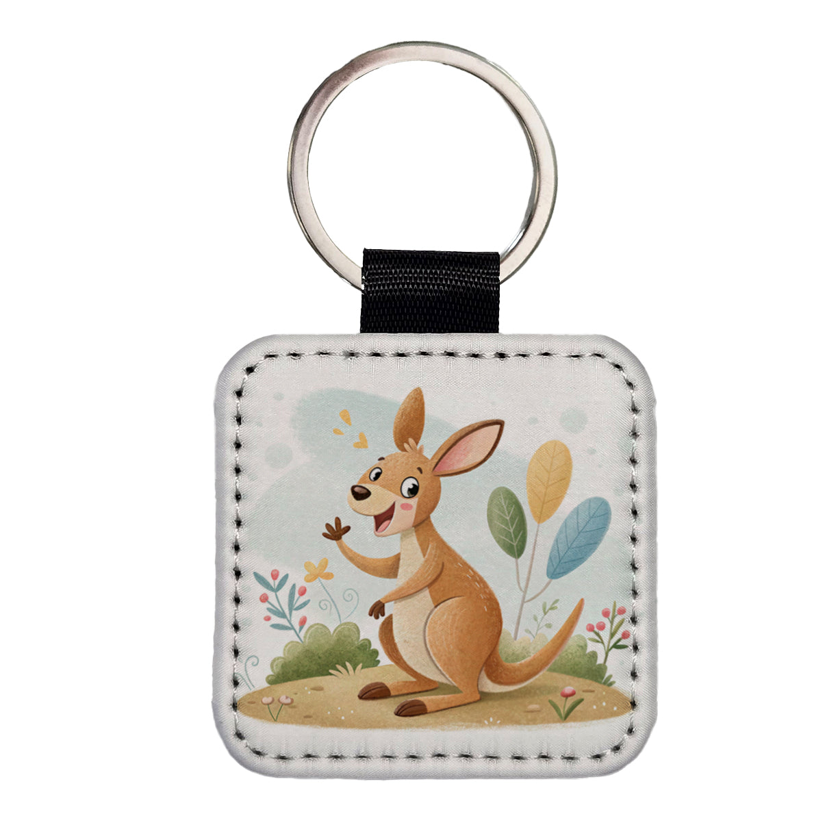 Kangaroo Children's Illustration Style Square Faux Leather Keychain