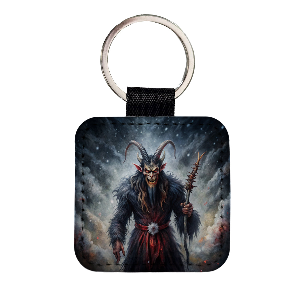 Krampus Black Watercolor Background Square Faux Leather Keychain