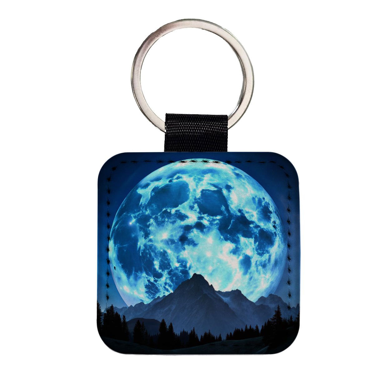 Large Blue Moon Over Mountain Range Square Faux Leather Keychain