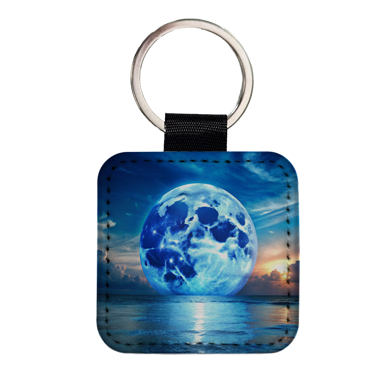 Large Blue Moon Over The Ocean Horizon Square Faux Leather Keychain