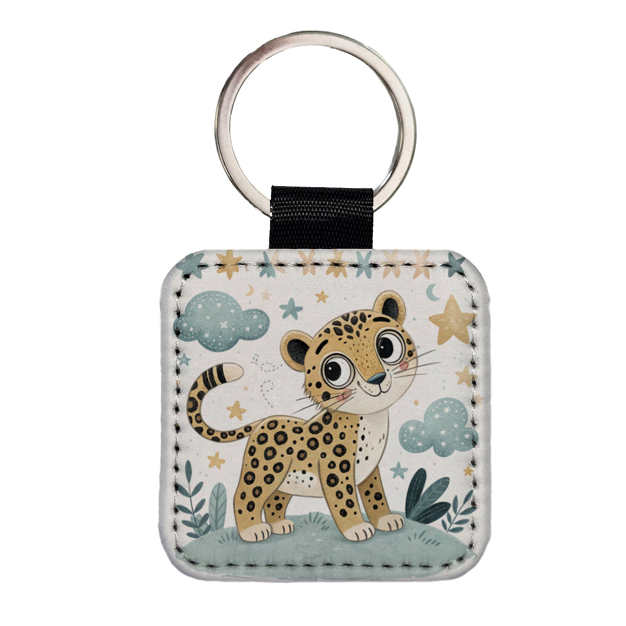 Leopard Children's Illustration Style Square Faux Leather Keychain