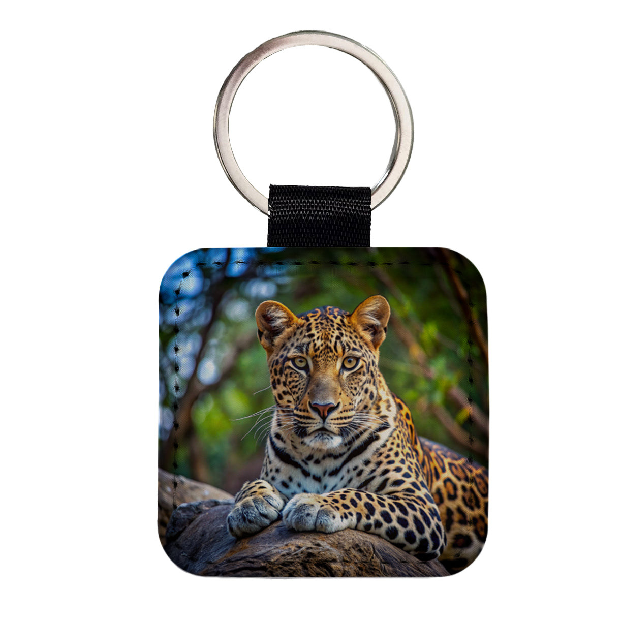 Leopard Square Faux Leather Keychain