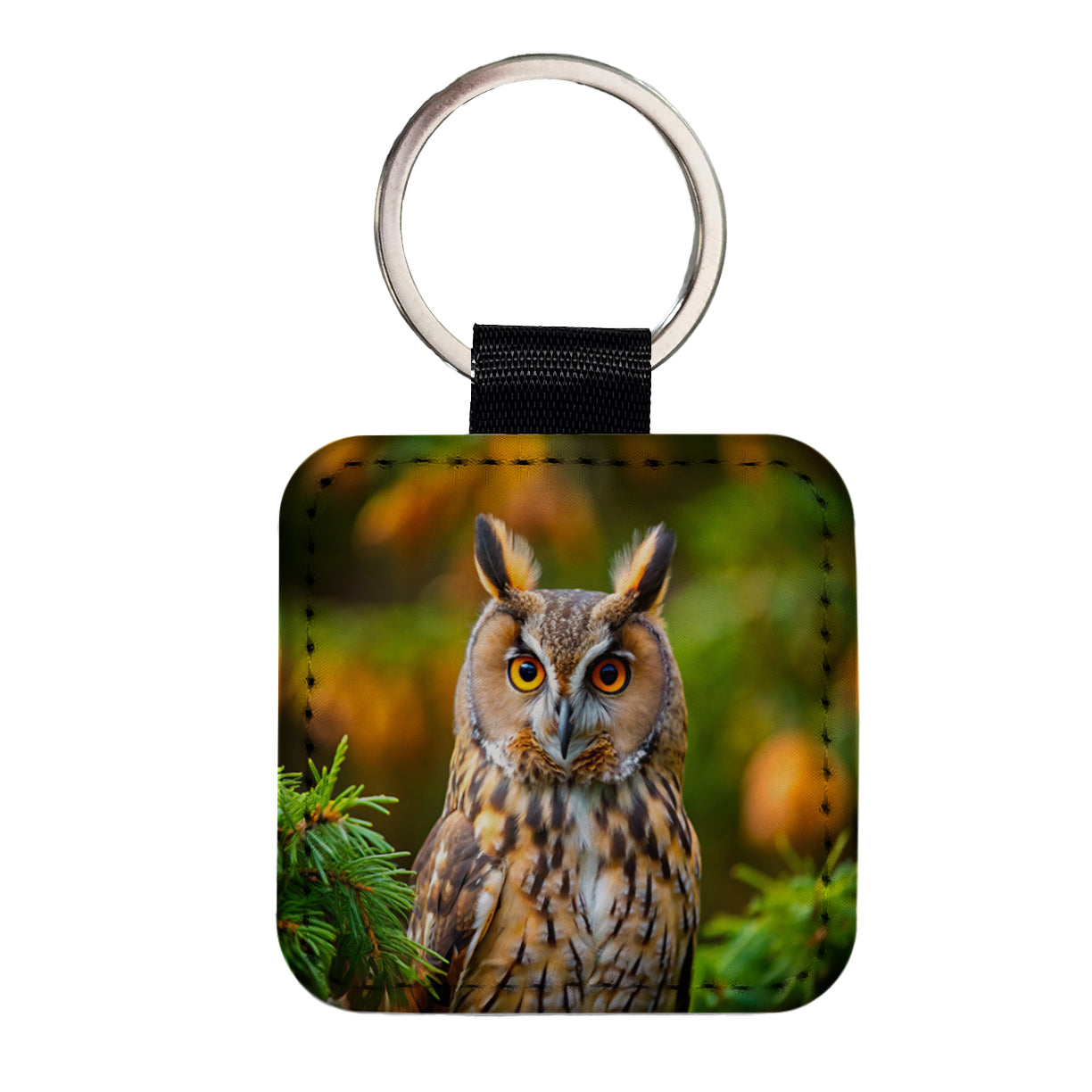 Long-Eared Owl Raptor Bird Of Prey Square Faux Leather Keychain