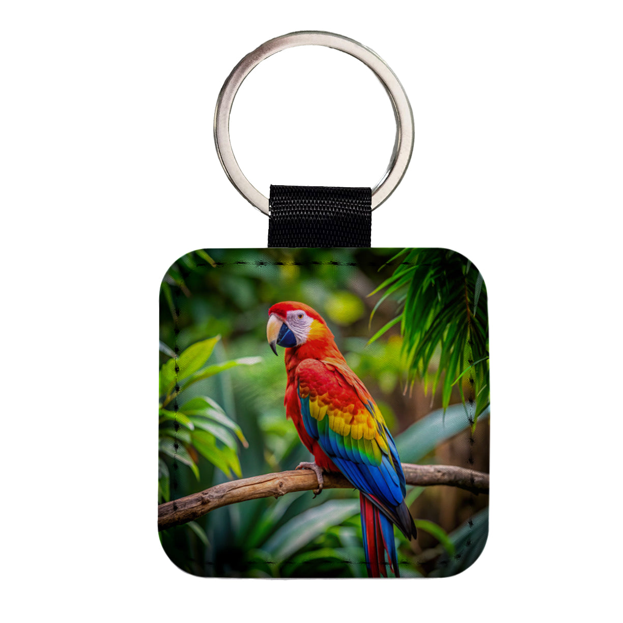 Macaw Parrot Bird On Branch Square Faux Leather Keychain