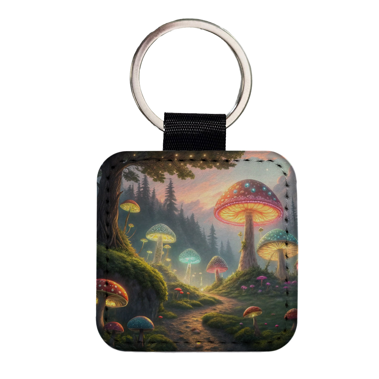 Magical Mushroom Garden Path Square Faux Leather Keychain