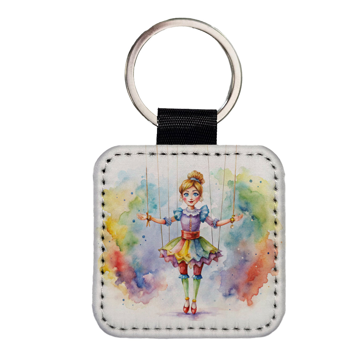 Marionette Puppet on Strings Watercolor Square Faux Leather Keychain
