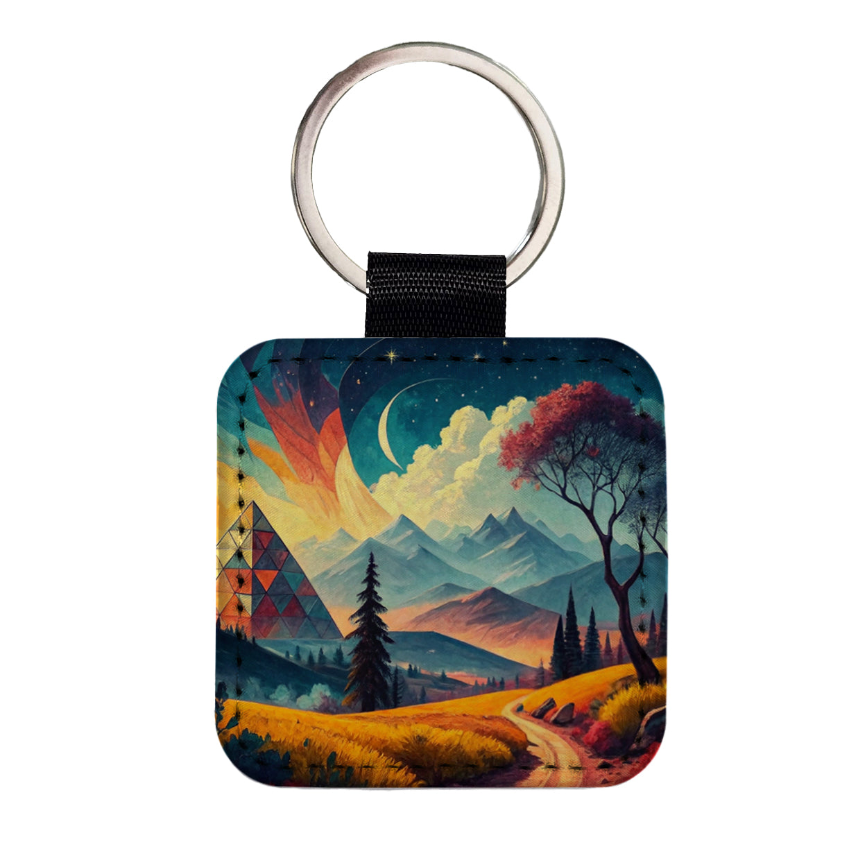 Modern Art Landscape Square Faux Leather Keychain