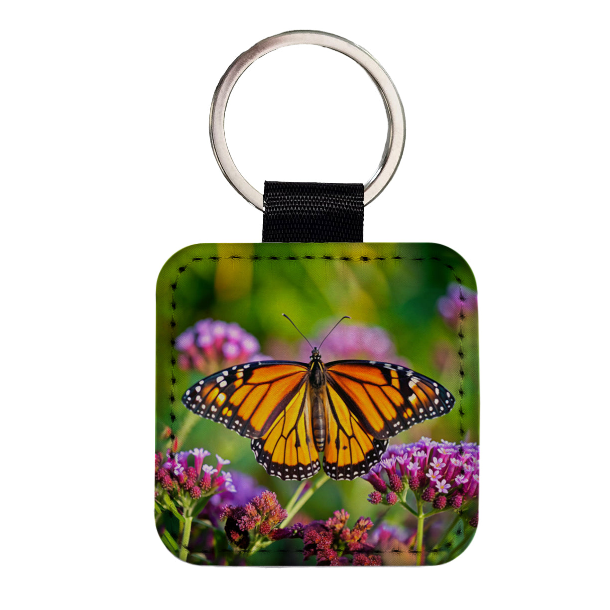 Monarch Butterfly Square Faux Leather Keychain