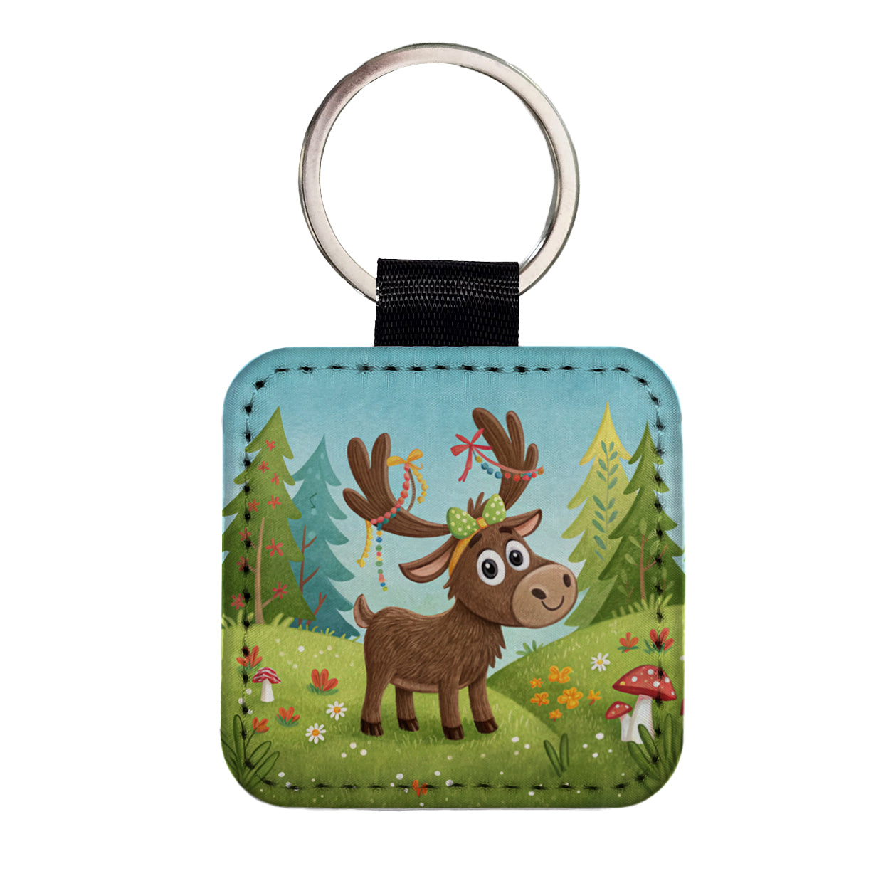 Moose Children's Illustration Style Square Faux Leather Keychain