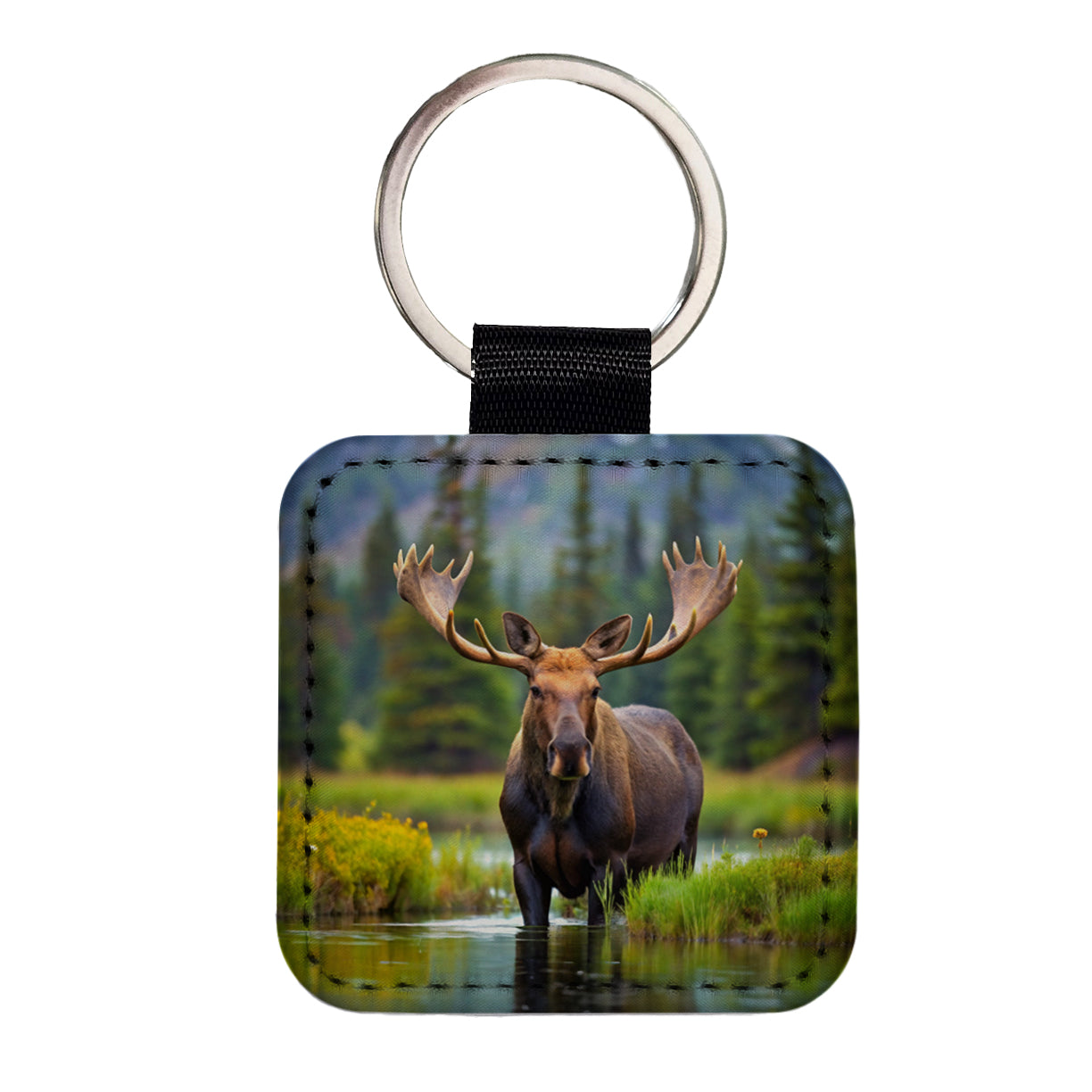 Moose Square Faux Leather Keychain