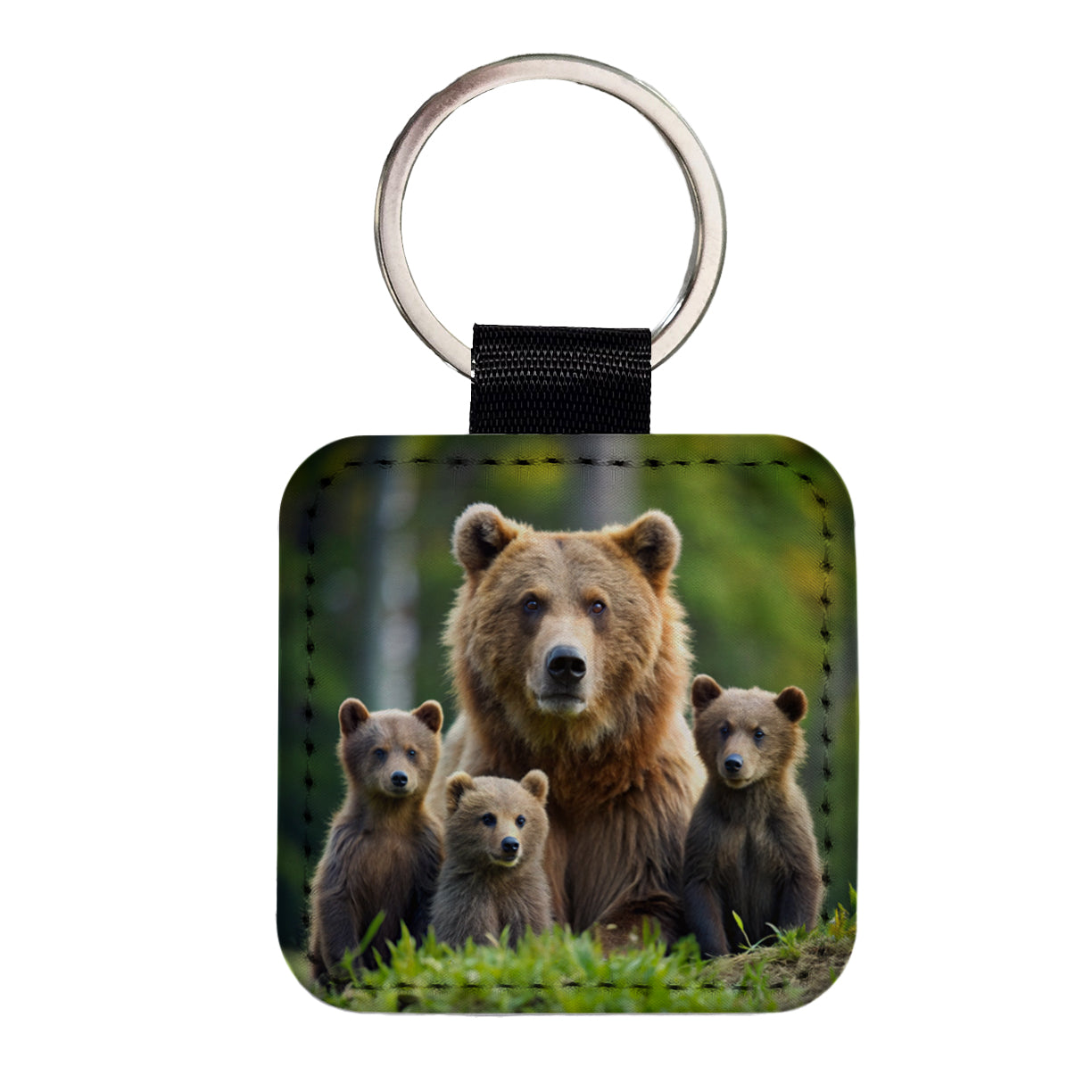 Mother Bear With Cubs Square Faux Leather Keychain