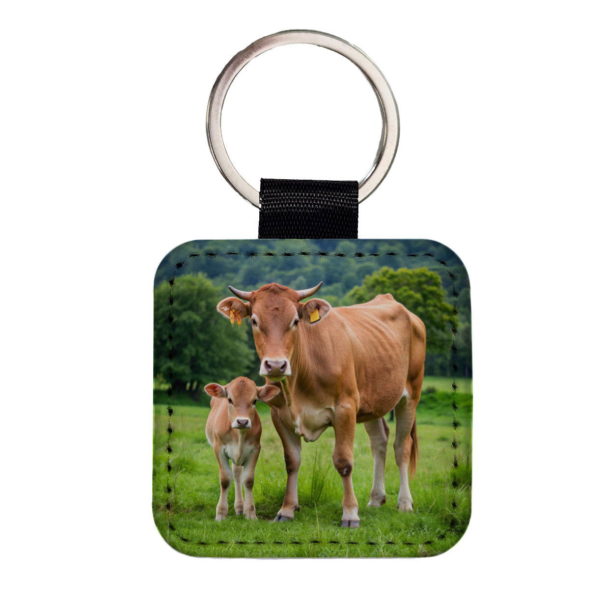 Mother Cow With Calf Square Faux Leather Keychain