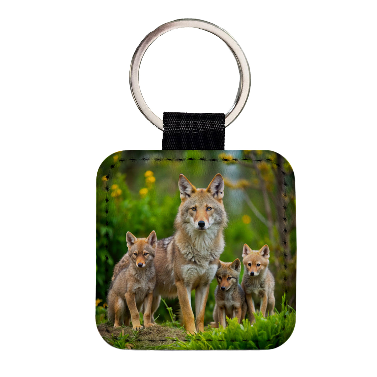 Mother Coyote And Pups Square Faux Leather Keychain