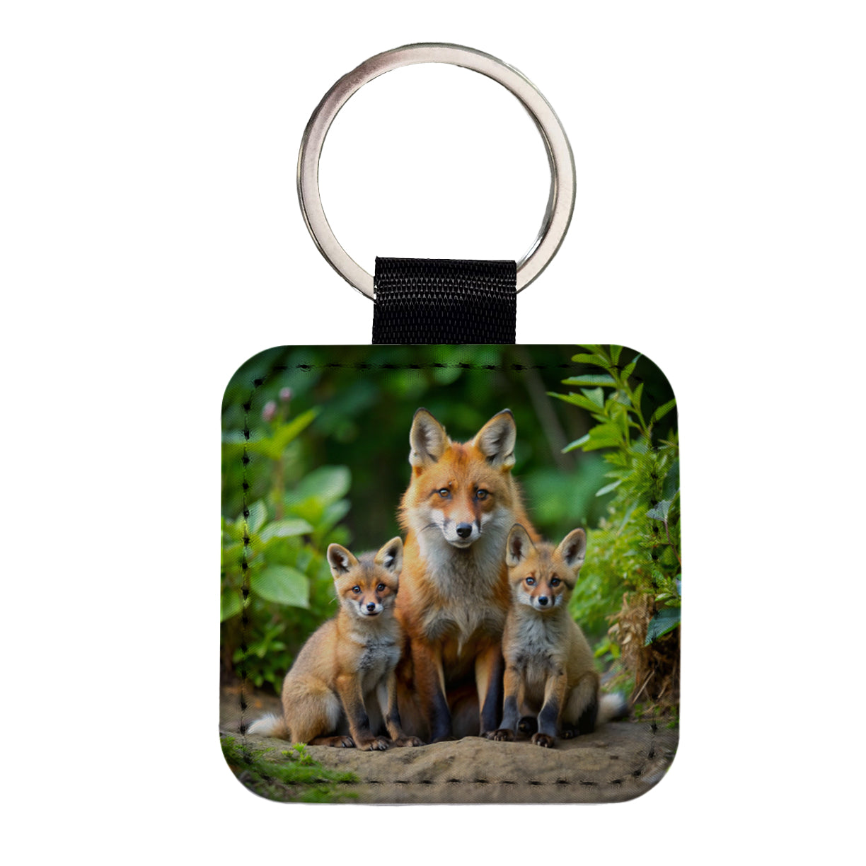 Mother Fox And Pups Square Faux Leather Keychain