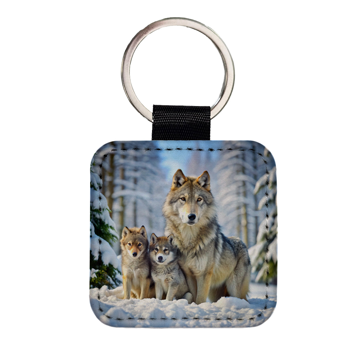 Mother Wolf And Pups In Winter Square Faux Leather Keychain