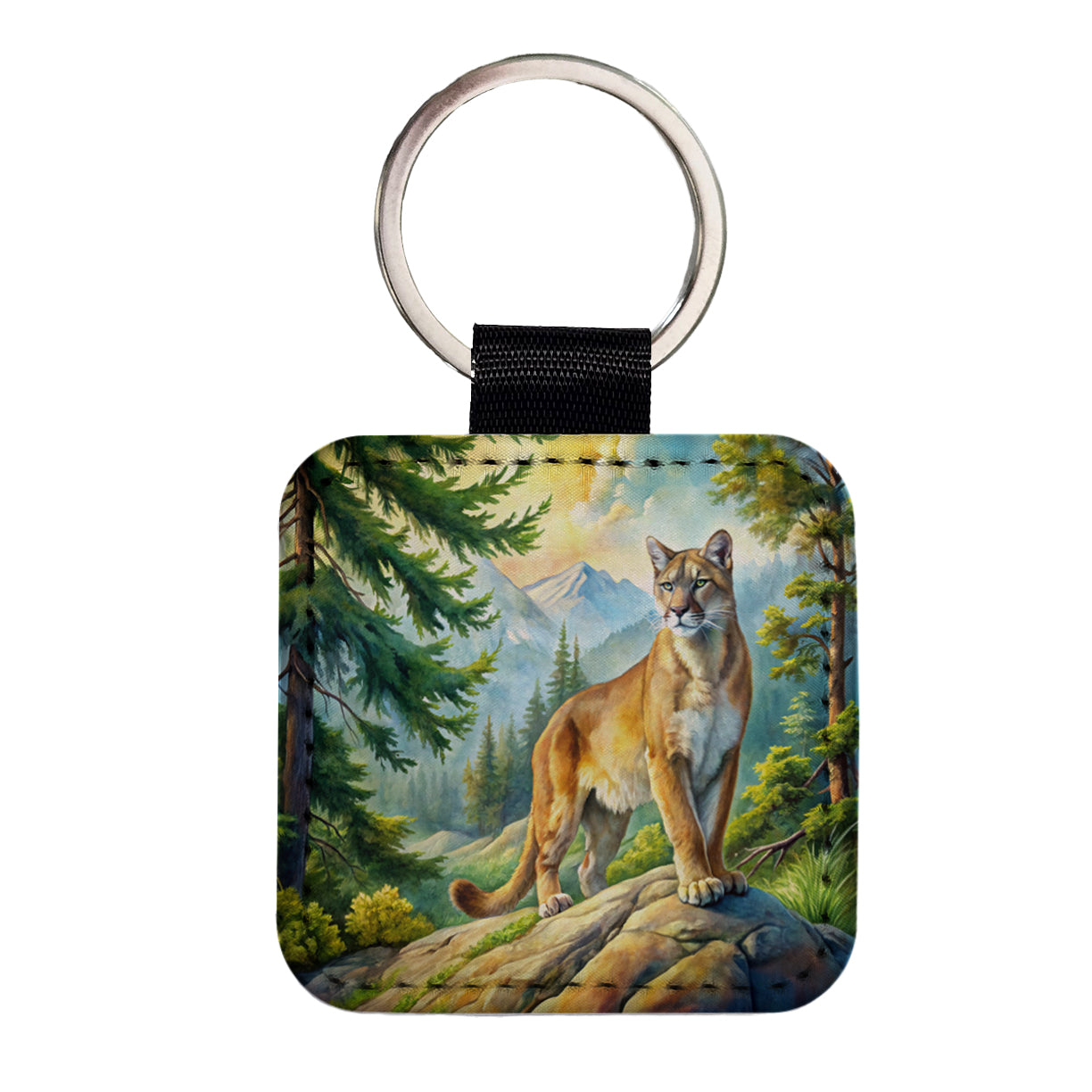 Mountain Lion Cougar In Woods Watercolor Square Faux Leather Keychain