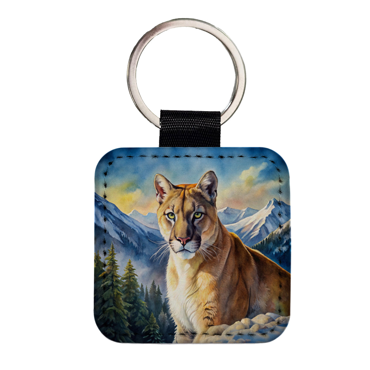 Mountain Lion Cougar Watercolor Square Faux Leather Keychain