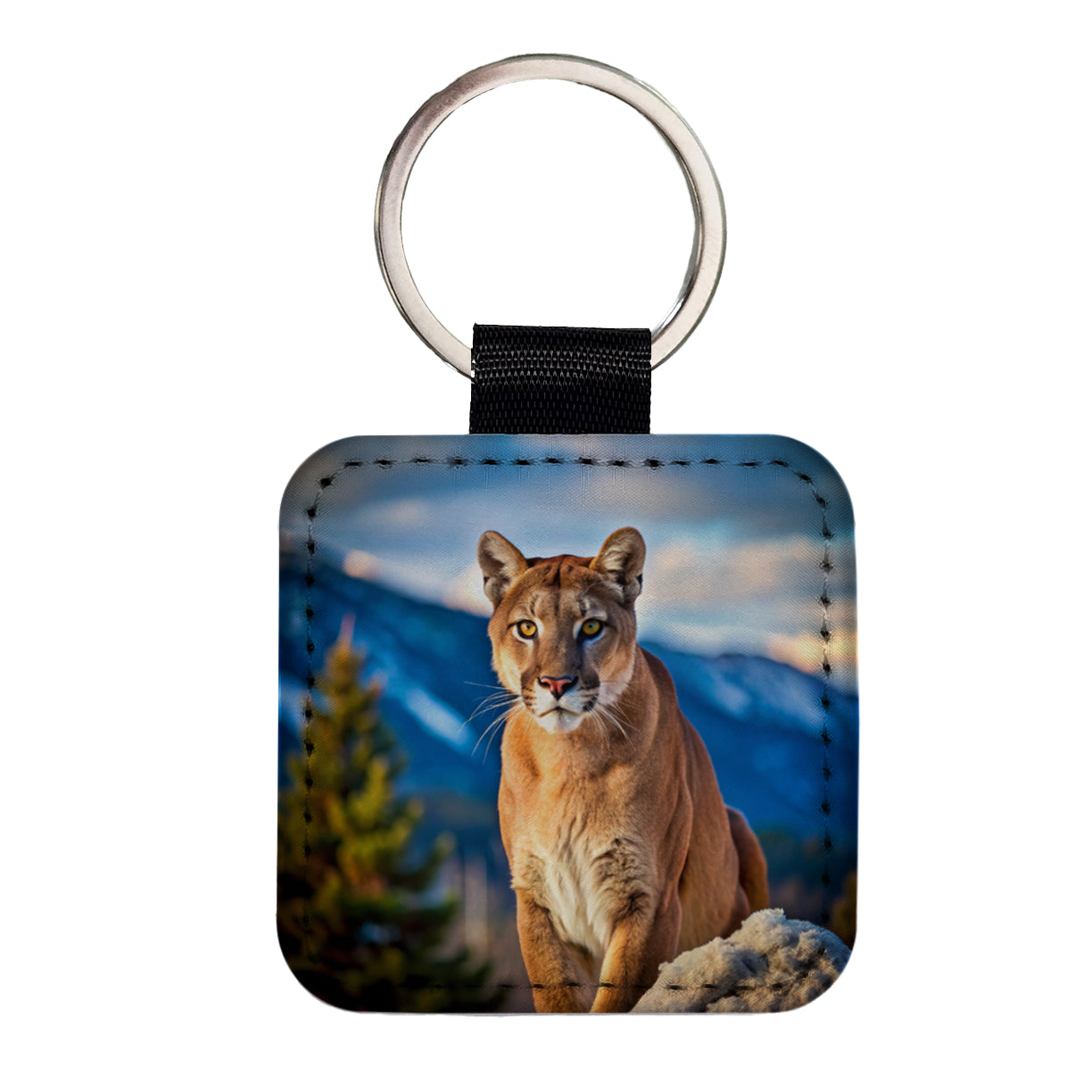 Mountain Lion Cougar Square Faux Leather Keychain