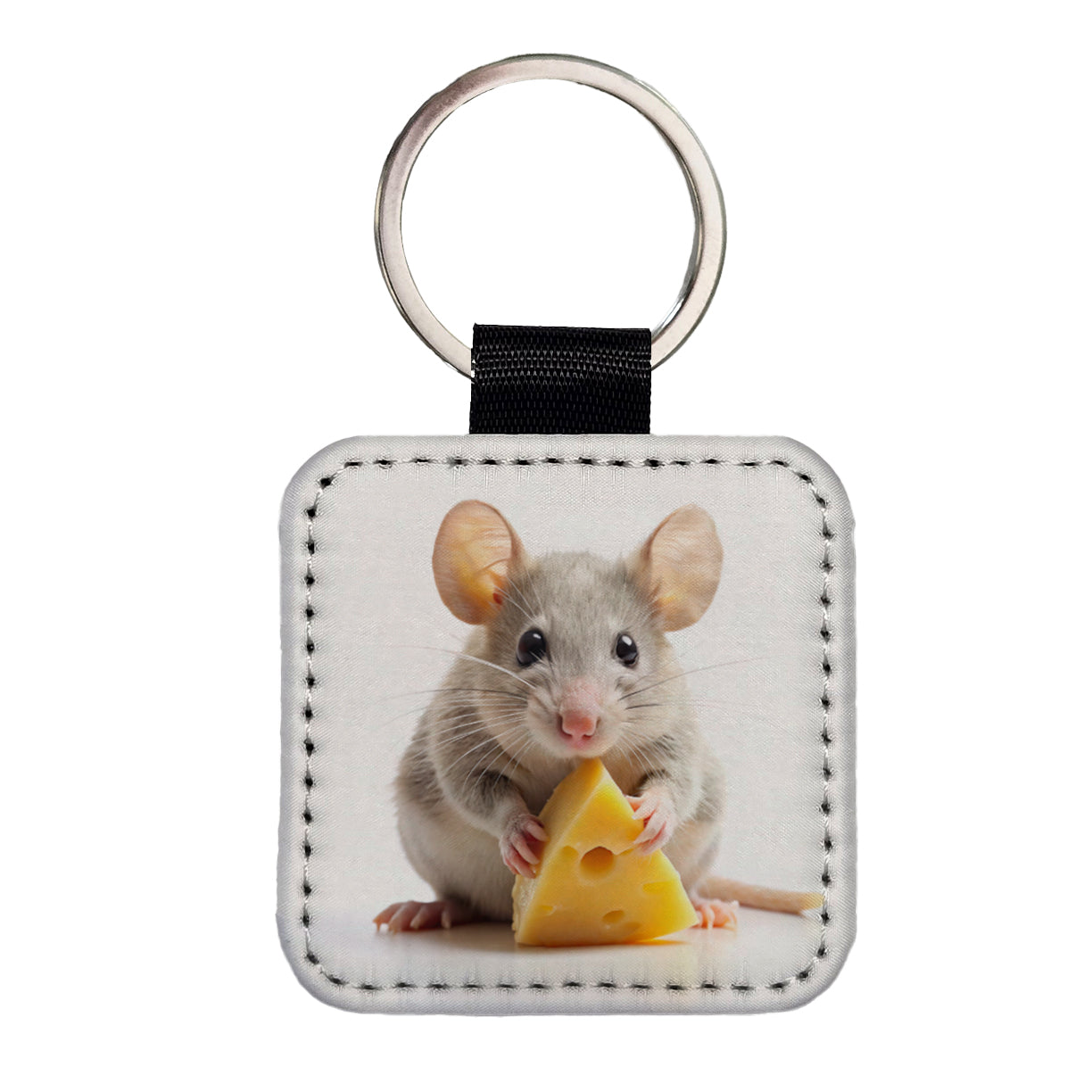 Mouse With A Piece Of Cheese Square Faux Leather Keychain