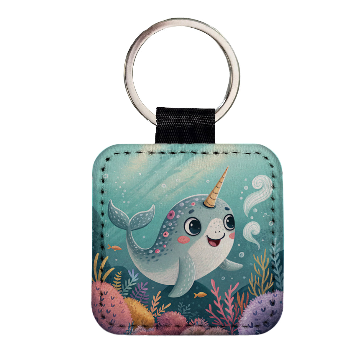 Narwhal Children's Illustration Style Square Faux Leather Keychain