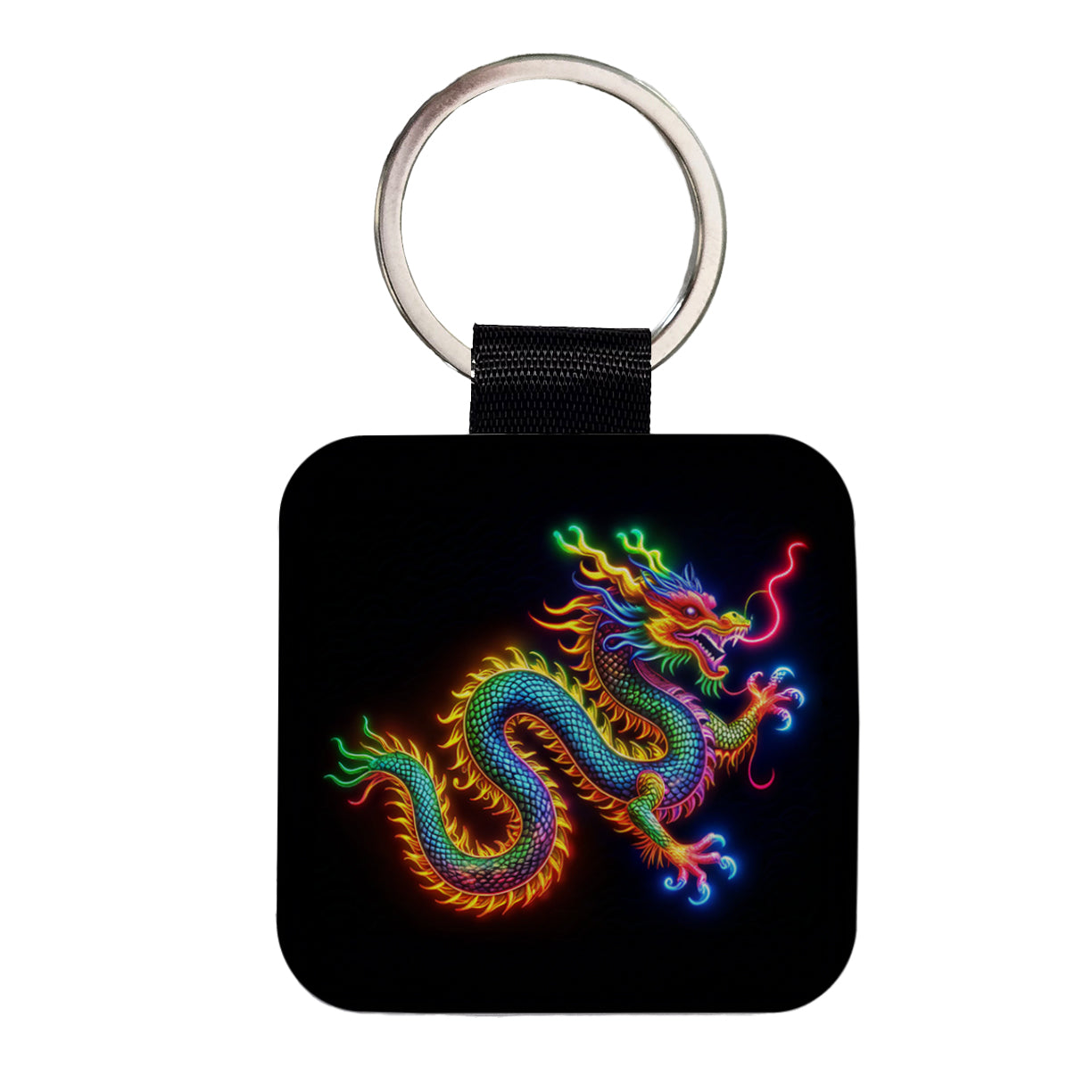 Neon Asian Dragon Square Faux Leather Keychain