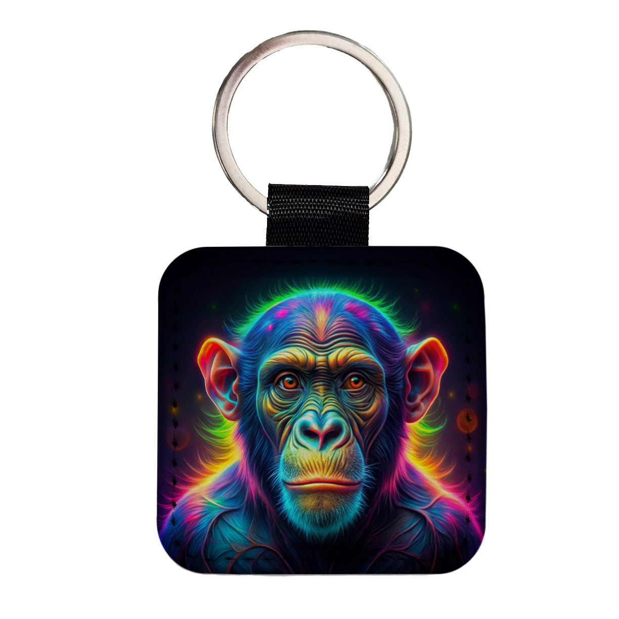 Neon Chimpanzee Monkey Square Faux Leather Keychain