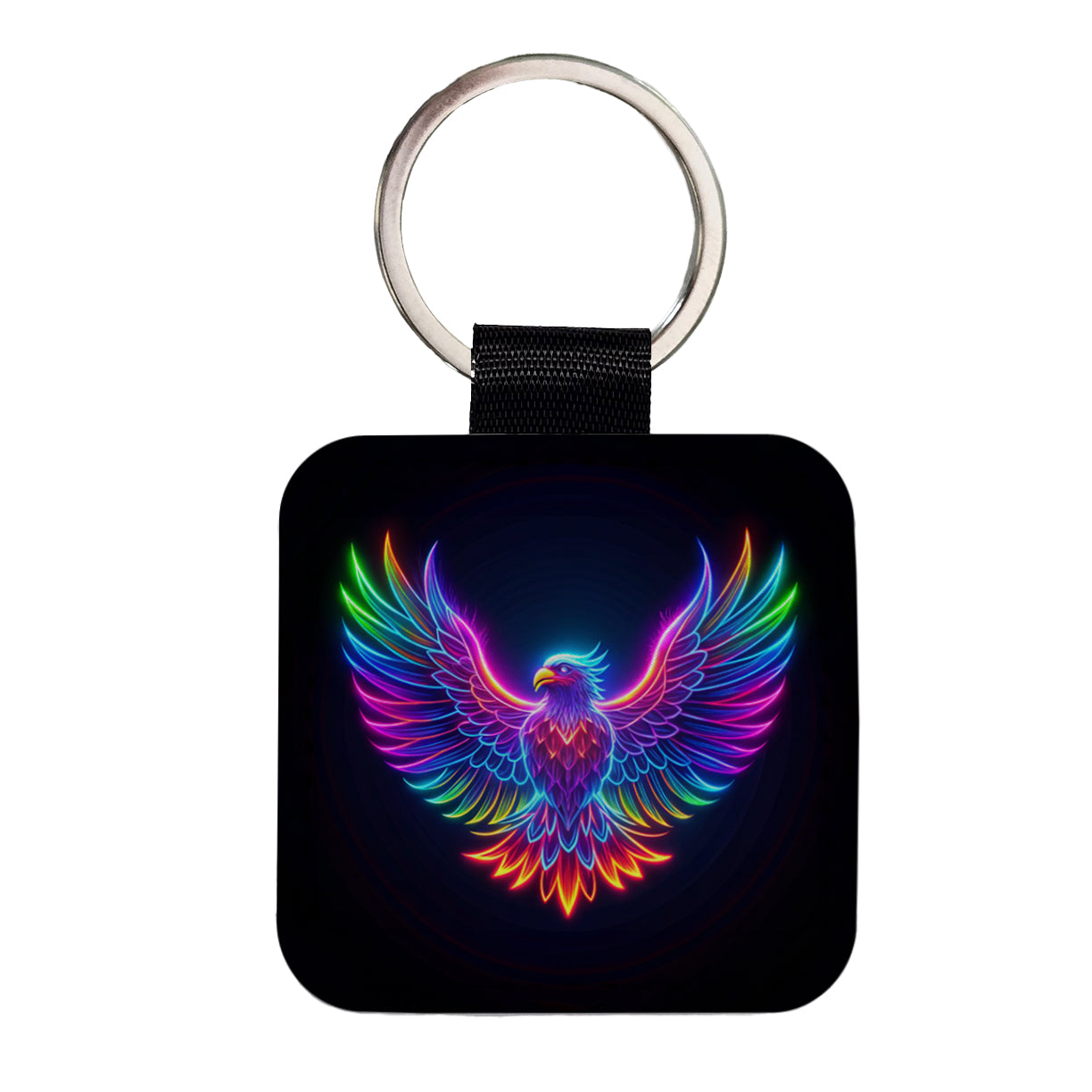 Neon Eagle Firebird Bird Square Faux Leather Keychain