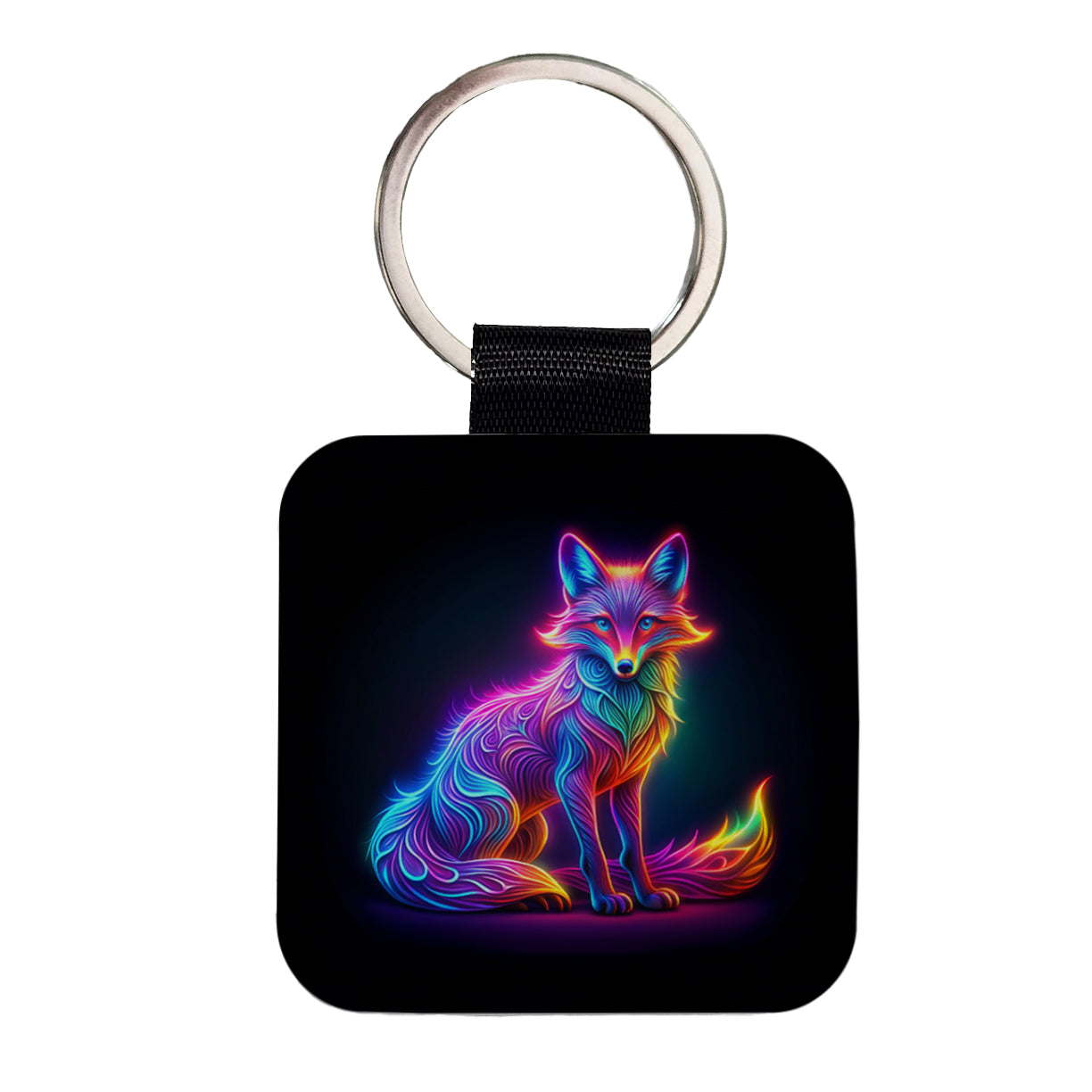 Neon Fox Square Faux Leather Keychain