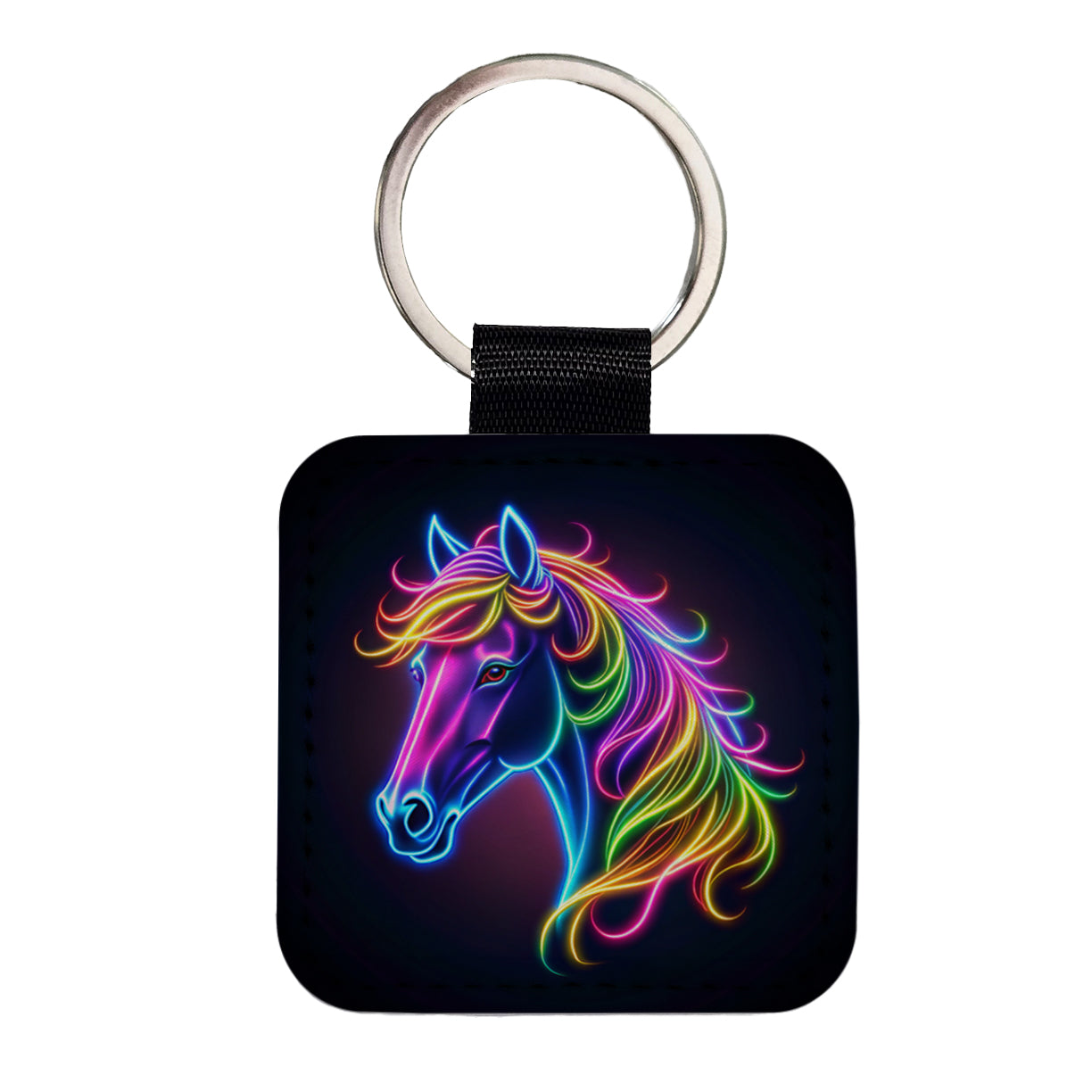 Neon Horse Head Square Faux Leather Keychain