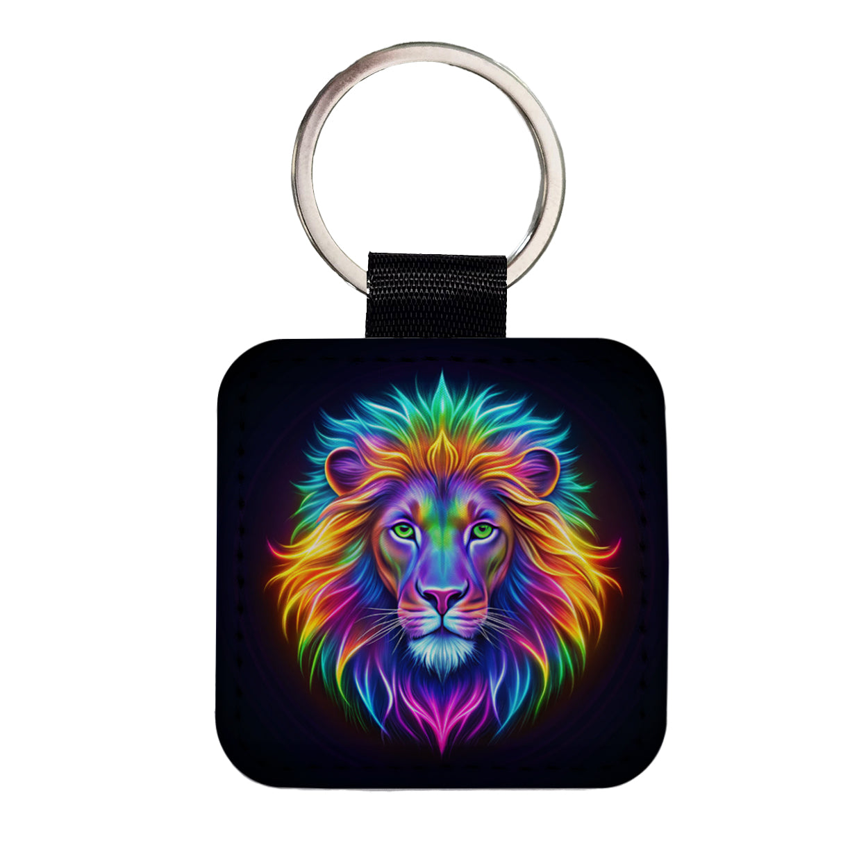 Neon Lion Square Faux Leather Keychain