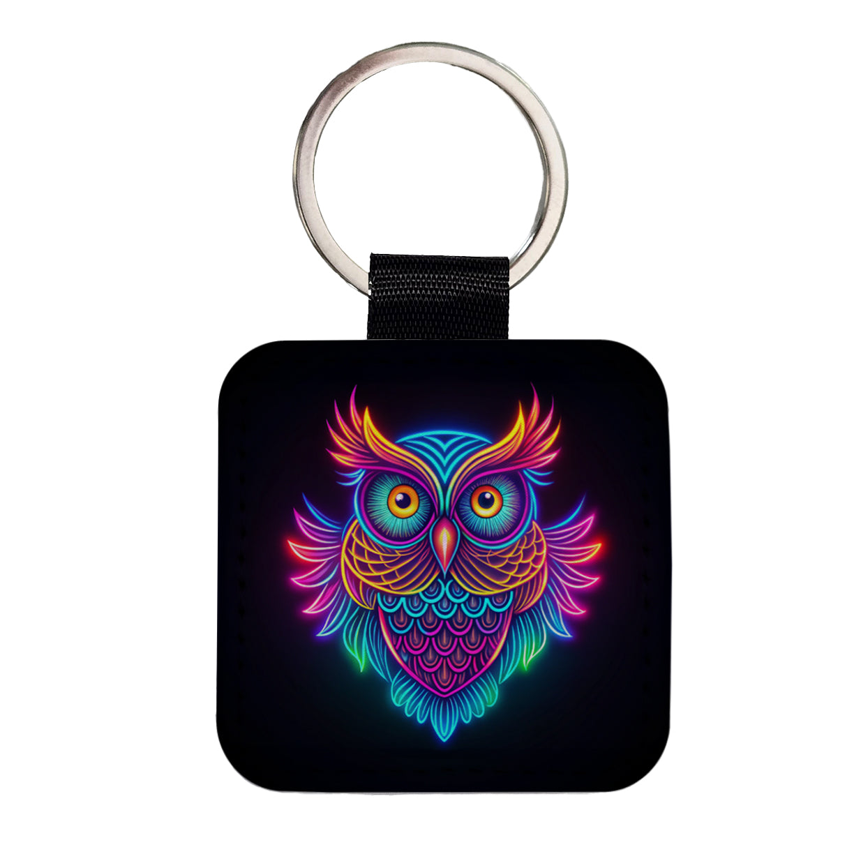 Neon Owl Square Faux Leather Keychain