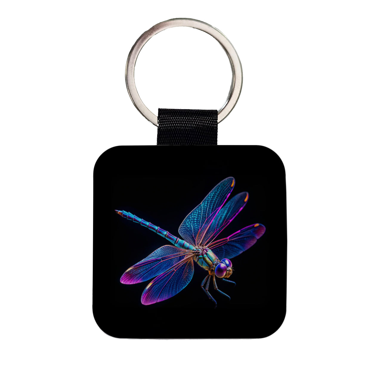 Neon Purple Blue Dragonfly Square Faux Leather Keychain