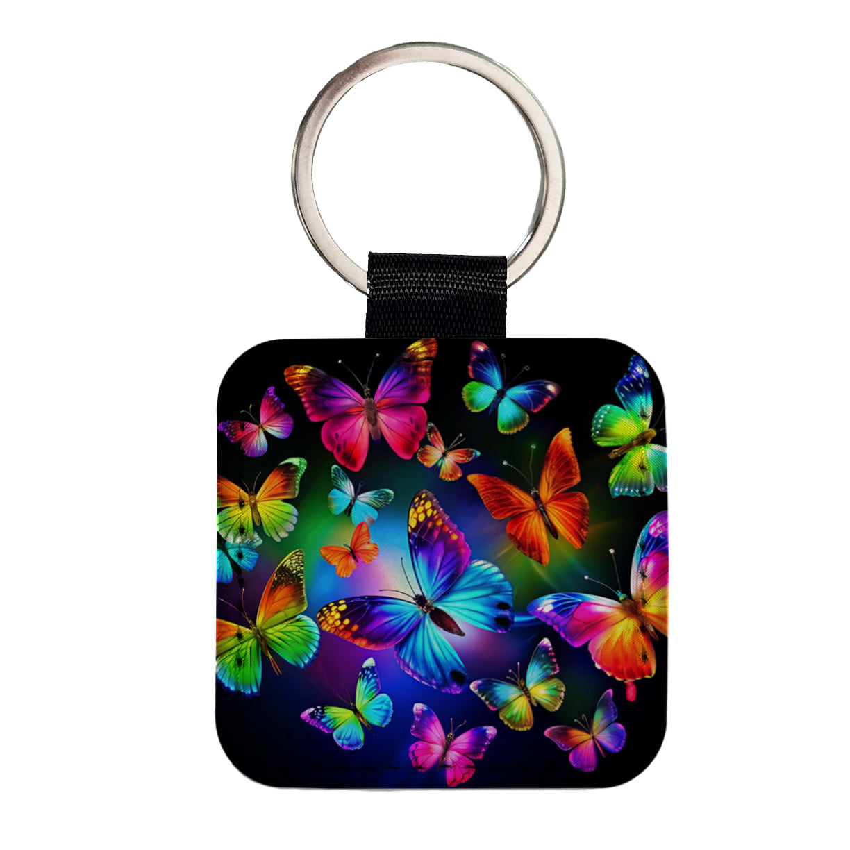 Neon Rainbow Colorful Butterflies Square Faux Leather Keychain