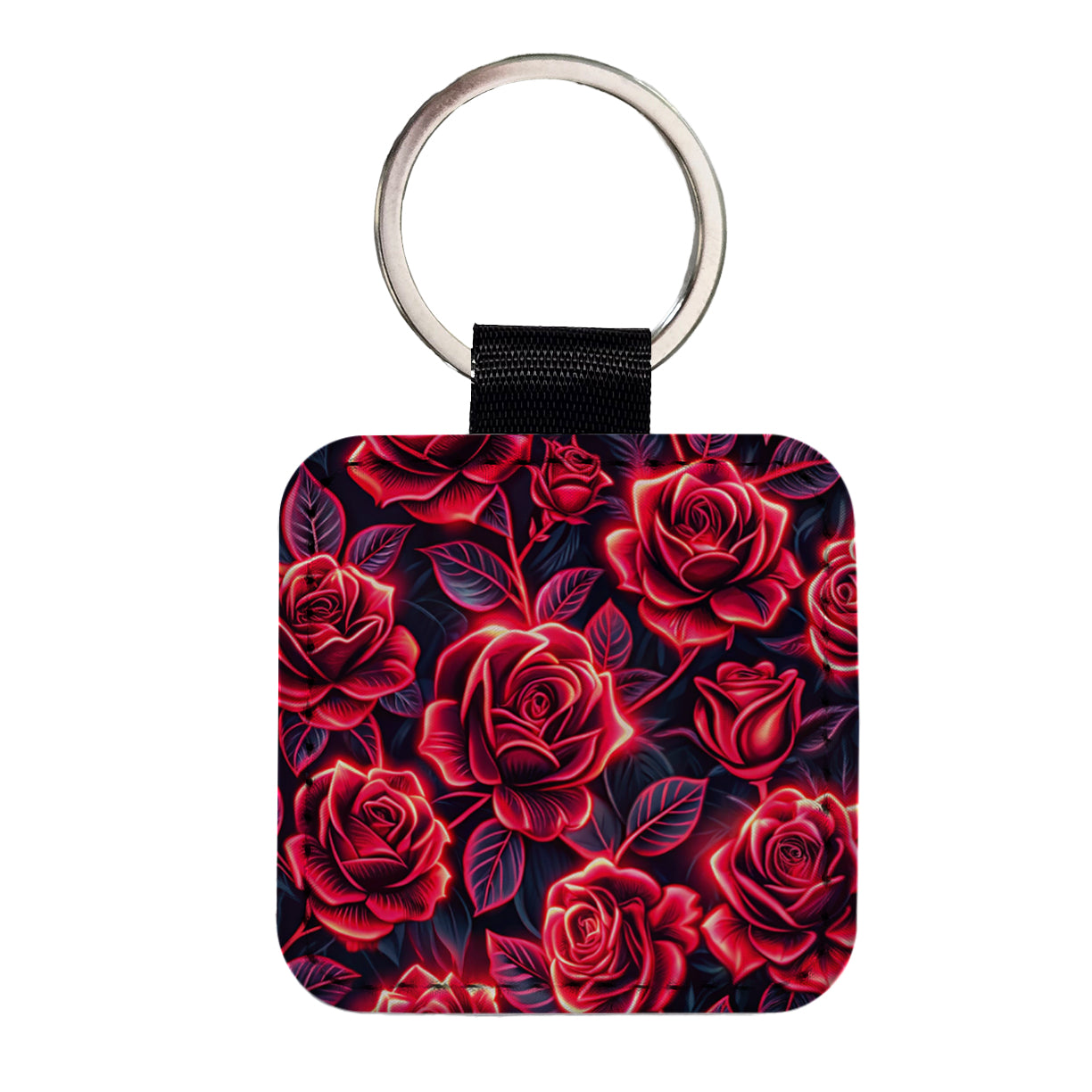 Neon Red Rose Floral Pattern Square Faux Leather Keychain