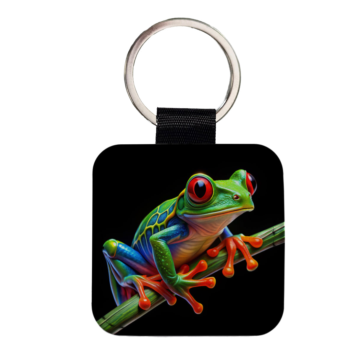Neon Red-Eyed Tree Frog Square Faux Leather Keychain
