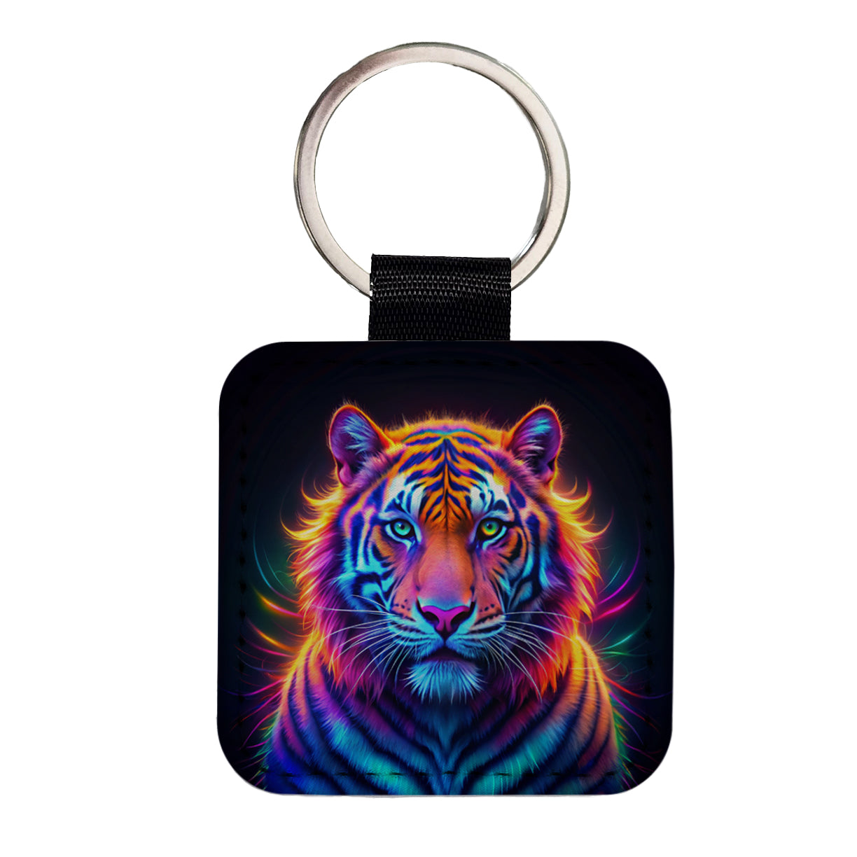 Neon Tiger Square Faux Leather Keychain