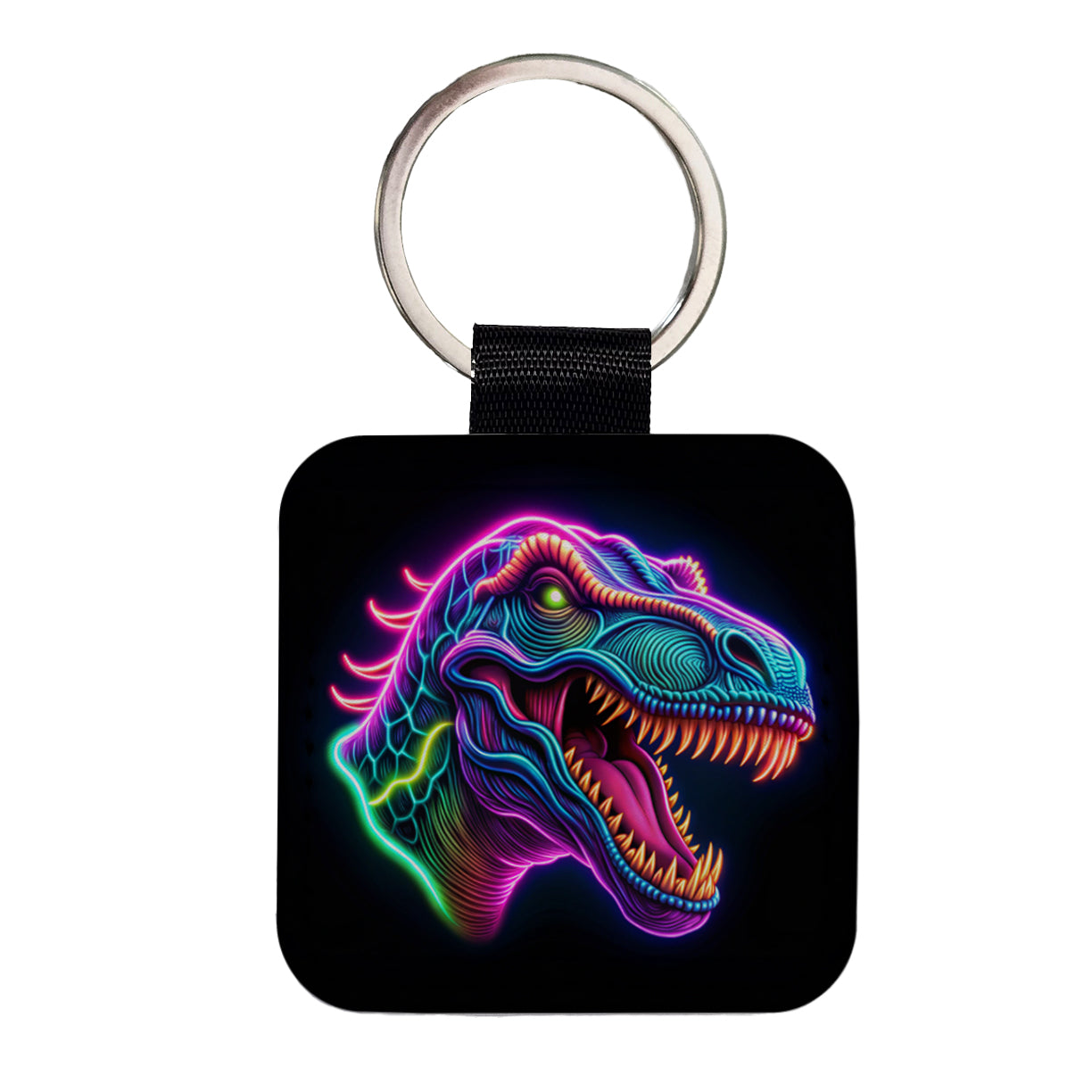 Neon T-Rex Dinosaur Head Square Faux Leather Keychain