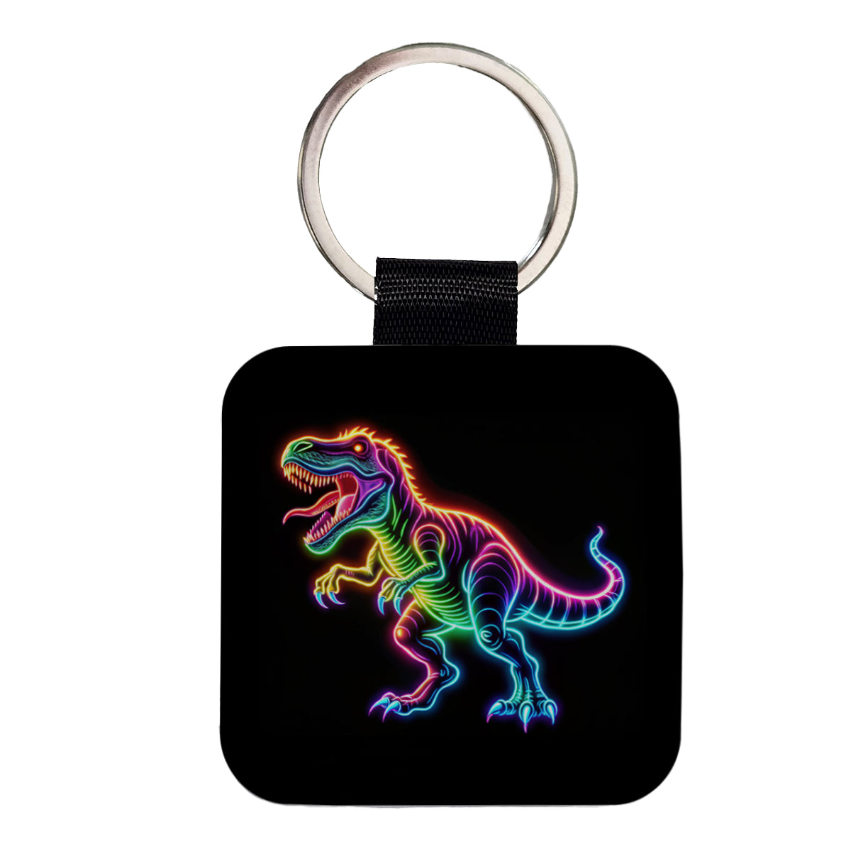 Neon T-Rex Dinosaur Square Faux Leather Keychain