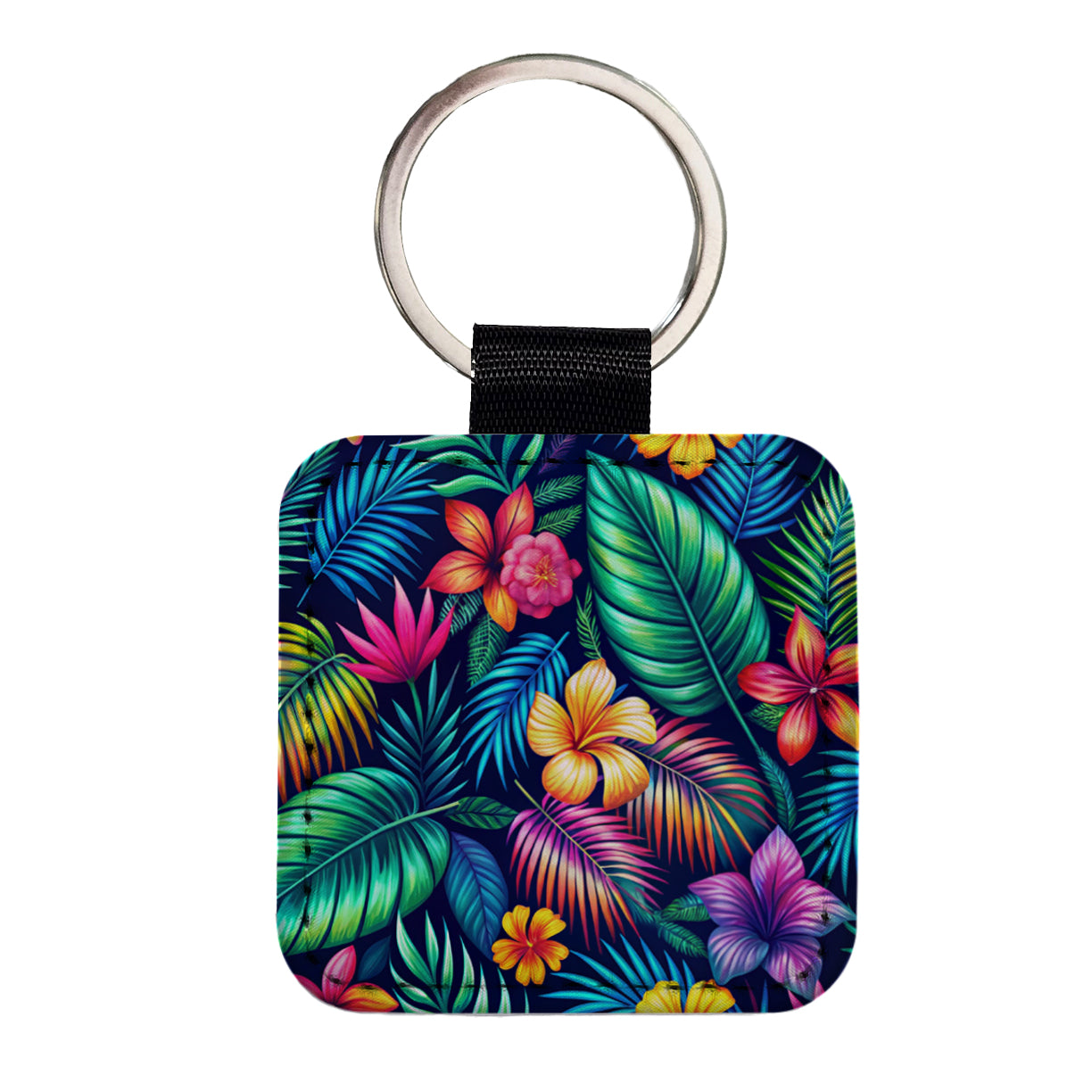 Neon Tropical Floral Pattern Square Faux Leather Keychain