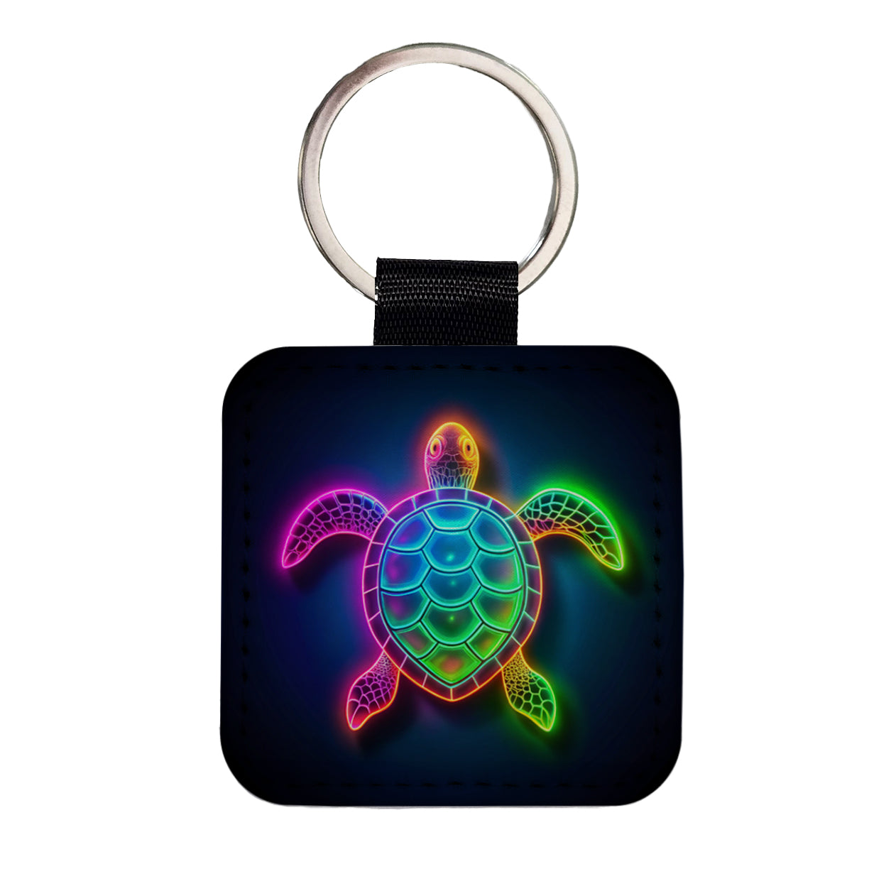 Neon Turtle Square Faux Leather Keychain
