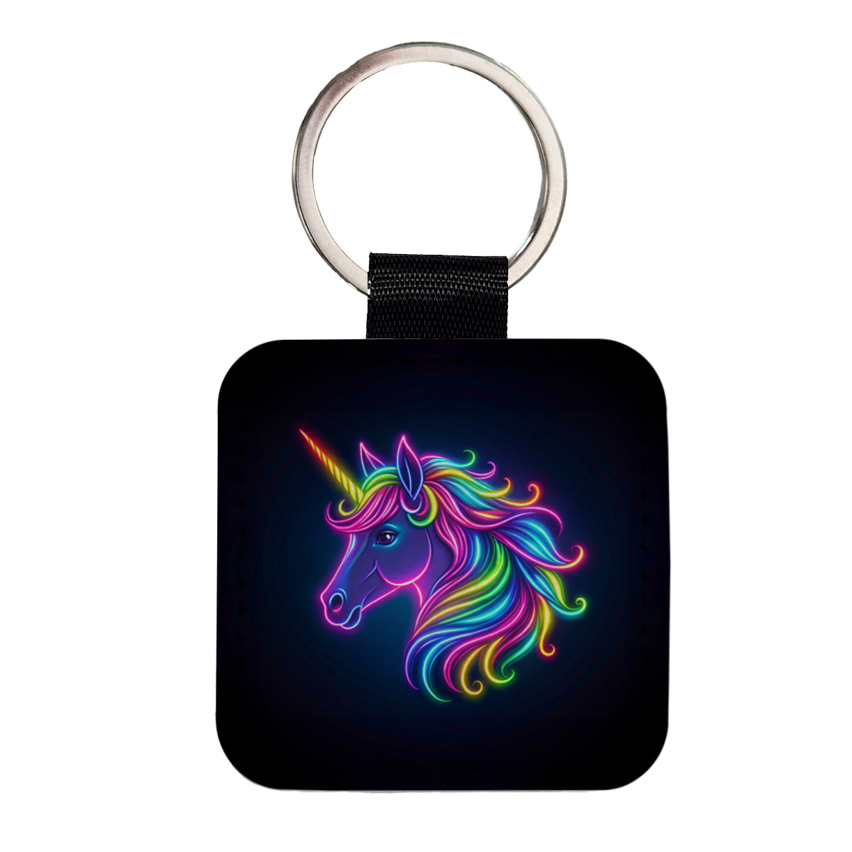 Neon Unicorn Head Fantasy Square Faux Leather Keychain