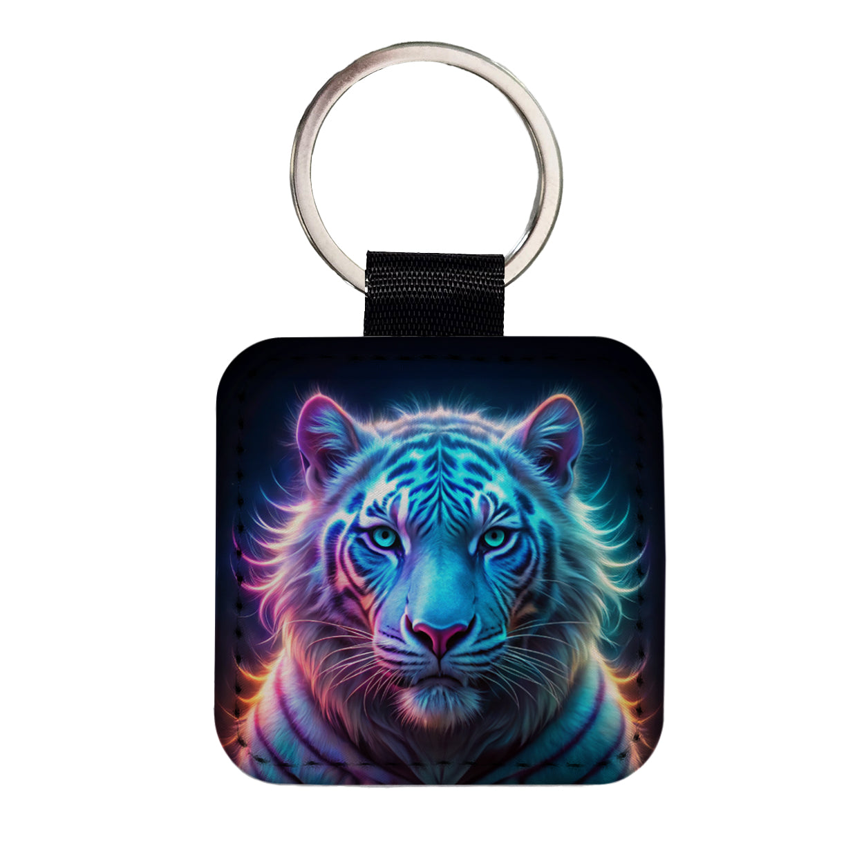 Neon White Tiger Face Square Faux Leather Keychain