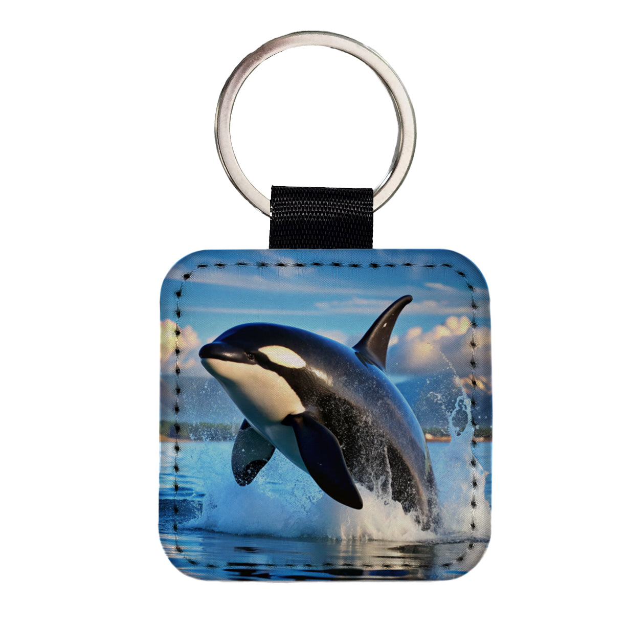 Orca Killer Whale Jumping Square Faux Leather Keychain