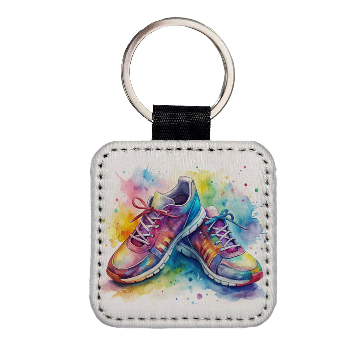 Pair Of Running Shoes Watercolor Square Faux Leather Keychain