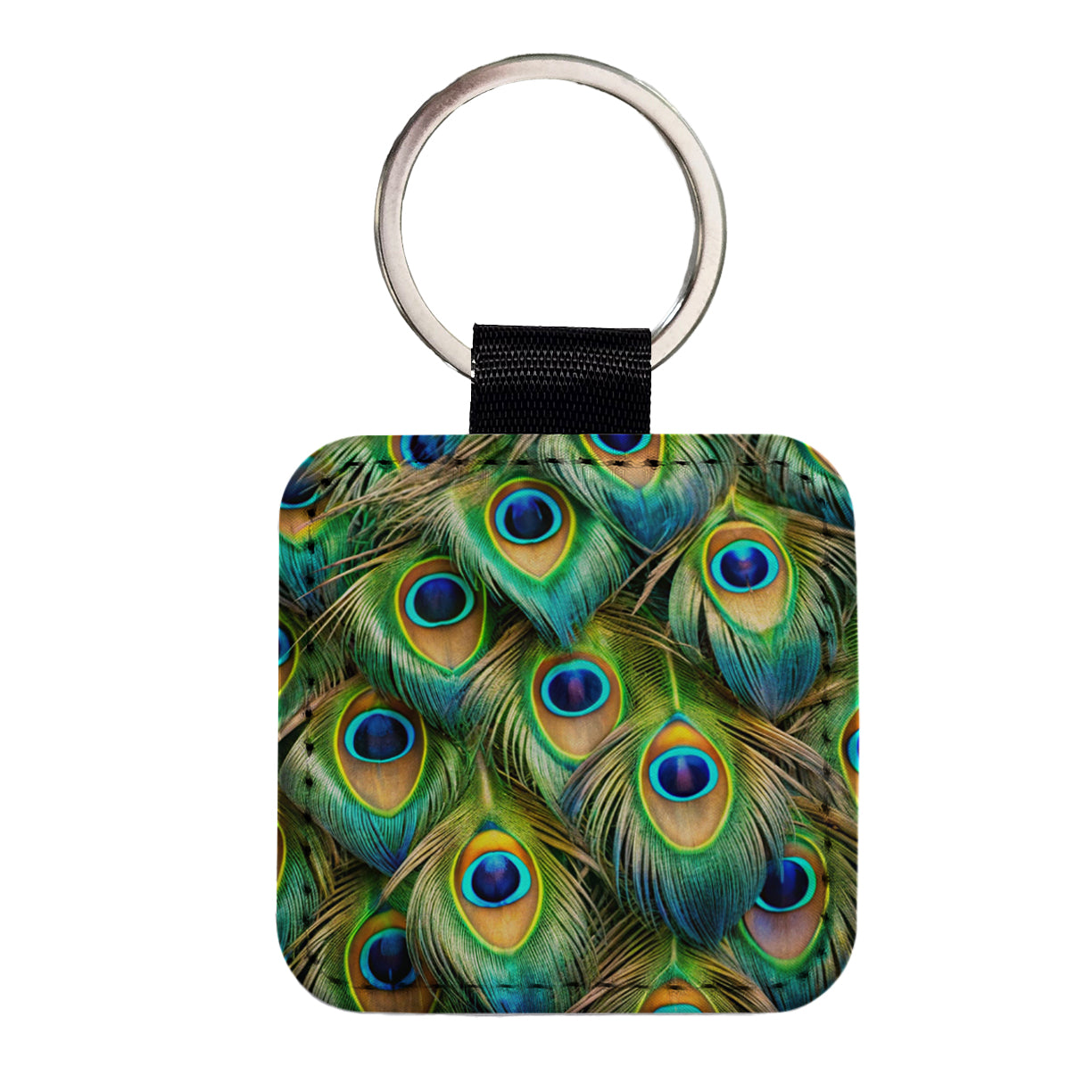 Peacock Feathers Pattern Square Faux Leather Keychain